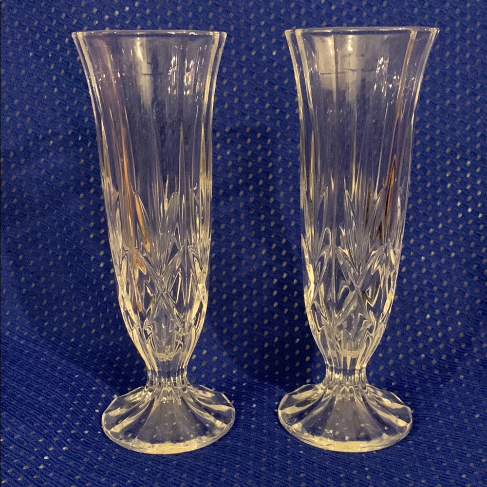 Royal Crystal Rock footed Bud vases; set of 2, 6.75 inches tall, vintage.